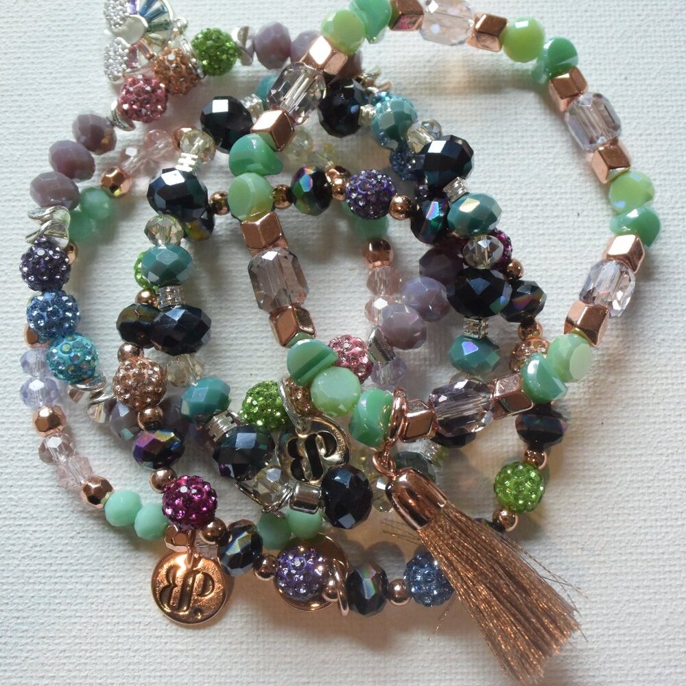 5 Stackable Beaded Bracelets; Bomb Party, Erimigh, and ? LIKE NEW Pls Read